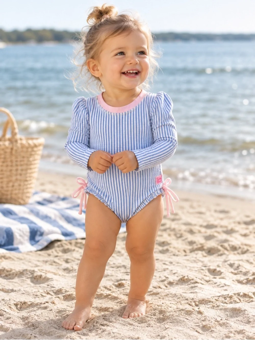 RuffleButts Baby Toddler Girl Blue Seersucker Long Sleeve One-Piece Swimsuit